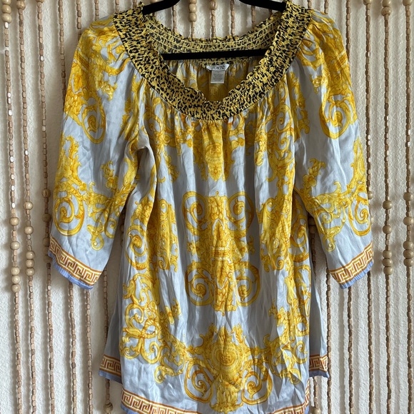 Cache Baby Blue Gold 100% Silk Y2k 2000s Ornate Smocked Blouse Half Sleeve LG - Picture 1 of 4